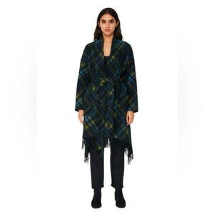 Samuel Dong Wool Check Fringe Wrap Coat Shawl Pockets‎ Tartan Poncho Oversized L